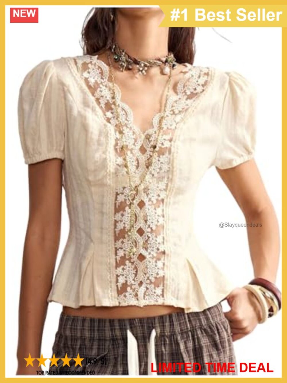 MakeMeChic Floral Lace V Neck Peplum Puff Sleeve Boho Blouse